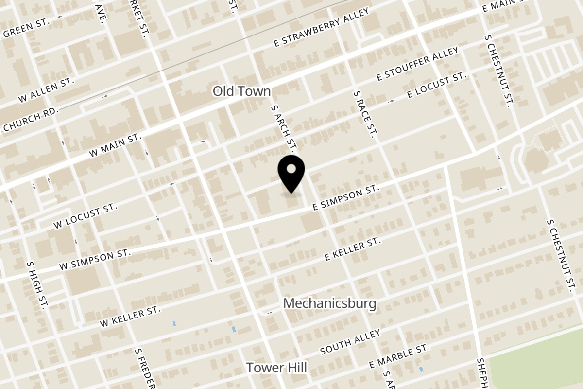 Map showing the location of Halal Krush Mechanicsburg on 33 E Simpson St in Mechanicsburg